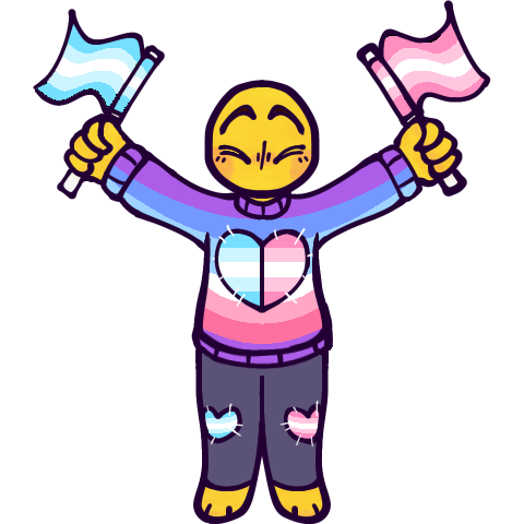 a drawing of a cartoony generic yellow human happily standing with their arms outstretched and holding up two small handheld flags, one in each hand. The lines are a very dark purple, except for the white stitches on the clothes. The person is wearing a 7 stripe pink, blue and purple boygirl flag sweater with a heart stitched onto the front, and purple leggings with heart-shaped patches on the knees. Their feet appear to be like paws, their head is very round - almost a circle - and bald, and they only have four fingers. Their eyes are squinted shut, and their eyebrows are raised high in an excited expression. They have no visible mouth and a nose is only loosely implied. the left flag and hearts are the male flag, while the right are the female flag.